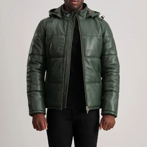 Veste matelassée à capuche en cuir PU vert de haute qualité pour homme, coupe-vent, décontractée, pour l'hiver, avec fermeture éclair, coupe classique, couleur unie - Product Image 3