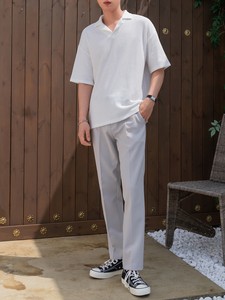 เสื้อโปโลผู้ชายผ้าฝ้ายเนื้อวาฟเฟิลทรงหลวมไหล่ตก - Product Image 5