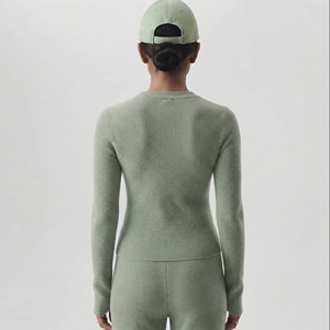 <b>Women</b> Ribbed Knit <b>Long</b> Sleeve Round Neck Pullover Solid Sage Green Slim Fit Breathable <b>Sweatshirt</b> Top - Product Image 4