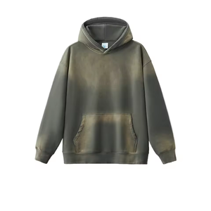 เสื้อฮู้ดดี้สีเขียวมะกอกแบบย้อมสีสไตล์วินเทจทรงโอเวอร์ไซส์สำหรับผู้ชาย มีกระเป๋าจิงโจ้ แขนยาว สตรีทแวร์ - Product Image 1