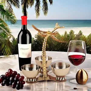 Metal Silver Cluster Bowl Features Three Compartment Hammered Pieces On Patterned Bases Around A Central Gold Palm <b>Tree</b> <b>Stand</b> - Product Image 6