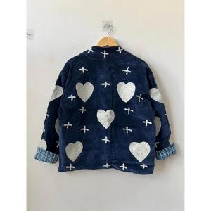 Navy Cotton Knitted Heart Embroidered Handmade Suzani Boho Ethnic Autumn Reversible <b>Jacket</b> Customizable Gift for <b>Women</b> - Product Image 3