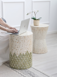 Green Leaf Forest Pattern Cylinder <b>Stools</b> Mother of Pearl Handcrafted Mosaic Small Side Table For Living Room <b>Bedroom</b> Decor - Product Image 4