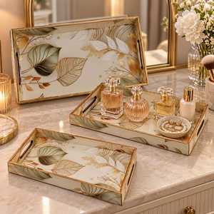 Juego de 3 bandejas de almacenamiento rectangulares modernas de lujo de MDF con diseño de hoja de oro, acabado pulido, aptas para lavavajillas y apilables - Product Image 5