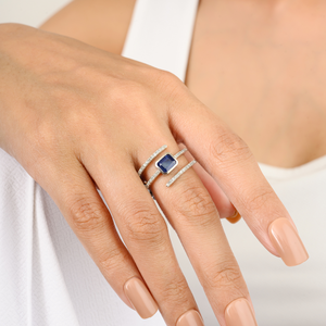 14K Solid <b>Gold</b> East West Blue Sapphire & Diamond Spiral <b>Cocktail</b> <b>Ring</b> Resizable - Product Image 4