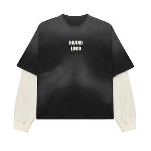 High Quality T-Shirt Heavyweight Cotton Distressed Drop Shoulder <b>Tshirt</b> Boxy 2 in 1 Long Sleeve T Shirt for Men - Product Image 3