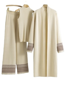 Diseño elegante de punto conjuntos de 3 piezas para mujer Chaleco de punto suéter cárdigan largo Tops Conjuntos de cintura alta pantalones de pierna ancha traje - Product Image 6