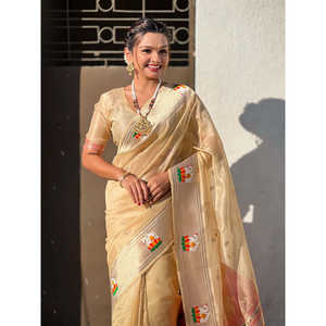 Sari de Seda Paithani con Organza Chickoo y Tejido Zari de Primera Calidad para Bodas, 450g - Product Image 5