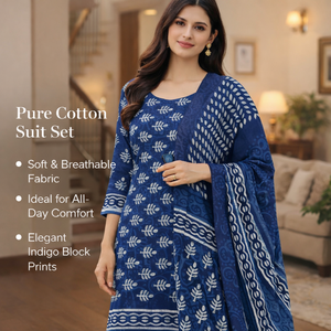 Costume Punjabi de luxe bleu indigo à fleurs pour femmes |   Ensemble Kurti Pyjama en Coton Fait Main avec Imprimé au Bloc et Sarong |   Robe indienne Pro - Product Image 6