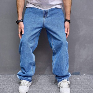 Wholesale Men's Casual Denim Wear 438G Heavyweight Grey-Black Washed <b>Wide</b> Leg Baggy Denim Jeans Trousers - Product Image 4