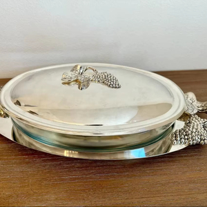 Cazuela Ovalada Plateada de Estilo Lujoso con Asa con Diseño de Uvas para Servir Comida Caliente, Decorar la Mesa de Comedor y Recepciones Festivas - Product Image 1