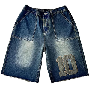 Men's Mid Waist Dark Blue Denim Bermuda Shorts Casual Washed Cotton Elastic Waist Style - Product Image 1