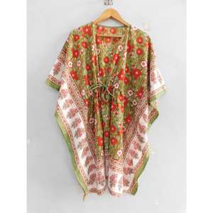 Túnica Kaftan de Algodón Hecha a Mano, Estampado Boho, Cuello en V, Manga Murciélago, Corte Regular, Largo Mini, Lavable, para Uso Diario en Verano, para Mujer - Product Image 1