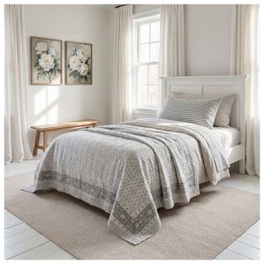 Traditional Indian Cotton Kantha Twin Quilt <b>Throw</b> 150x220 cm Hand Block Printed Hand Embroidered Handmade Bedspread Home Bedding - Product Image 1