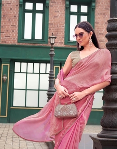 Sari traditionnel en soie rose et or bicolore KV prêt-à-porter avec chemisier non cousu pour les fêtes - Product Image 1