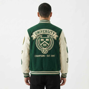 Veste universitaire pour homme en laine épaisse avec manches en cuir et patch en chenille, couleur vert et blanc, marque privée - Product Image 5