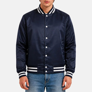 Veste de sport en satin bleu marine pour homme avec bordure à rayures blanches Coupe classique Col rabattu Fermeture à boutons Style preppy Vêtement d'automne - Product Image 1