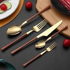 Juego de cubiertos de metal de diseño con mango de madera, juego de cubiertos de acero inoxidable, cuchara, tenedor y cuchillo, colección de vajilla de lujo - Product Image 2