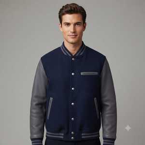 <b>Men's</b> Blue Varsity <b>Jacket</b> 2026 27 With Gray <b>Leather</b> Sleeves Turn-down Collar Single Button Closure Casual Autumn Wear - Product Image 2
