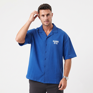 Men Drop Shoulder Shirt Loose Boxy Fit <b>Short</b> <b>Sleeve</b> <b>Button</b> <b>Up</b> Casual Garment Custom Logo Cotton Good Quality Shirt For Men - Product Image 3