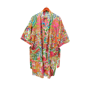 Bata Kimono Floral Rosa Paisley con Cuello en V, Bata Larga de Algodón para Descansar, Bolsillos Delanteros, Cinturón con Lazo, Estilo Boho para Resort - Product Image 1