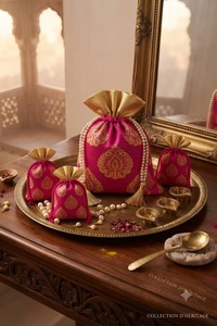 Handcrafted Cotton Metallic Gold Leaf Pattern Potli Shape Festive Favor <b>Bags</b> Elegant Indian Style Wedding Gifts Packaging Pouch - Product Image 4