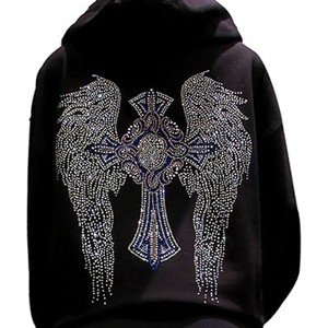 Sweat à capuche noir pour femme avec strass, ailes d'ange croisées, style gothique, décoration au dos, vêtement décontracté d'hiver, respirant, OEM - Product Image 5
