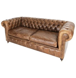 Vintage 3 Seater Chesterfield <b>Sofa</b> in Genuine Leather with Quilted Design Rolled Arms Solid Wood Base Luxury Lounge Furniture - Product Image 1