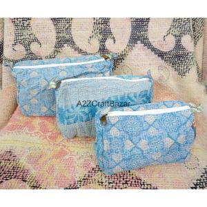 Block Print Kantha Floral Tassel Zipper Closure Eco-Friendly Durable Vintage Fashion Boho Lightweight Soft Handle Cosmetic <b>Bag</b> - Product Image 4