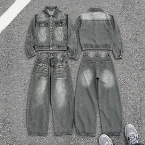 Unisex Washed Denim Jacket <b>Pants</b> Set Full Sleeve Button Regular Fit Casual Streetwear Eco-Friendly Breathable Ash Gray Cotton - Product Image 1
