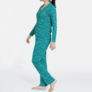 Pyjama pour femme avec logo personnalisé sur le devant, ensemble 2 pièces, vêtements décontractés en soie/coton respirant, design OEM, pyjamas, vêtements de nuit - Product Image 2