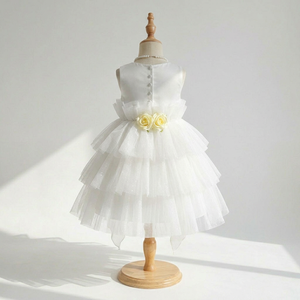 Vestido de Princesa de Organza Blanco con Capas, Flores Amarillas en la Cintura, Vestido de Dama de Honor para Boda, Fiesta de Cumpleaños, Venta al por Mayor - Product Image 2