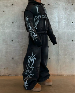 Conjunto de Sudadera con Capucha y Pantalones Acampanados con Efecto Ácido, Estampado Personalizado, Lavado a la Piedra, con Cremallera - Calificación de la tienda: - Product Image 3