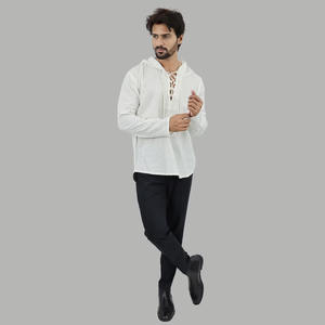 2026 Hot Selling <b>Men's</b> Casual Boho <b>Shirt</b> Handloom Organic Cotton Breathable <b>Lace</b>-<b>Up</b> Hooded Tunic Diwali Gift for <b>Men</b> - Product Image 6