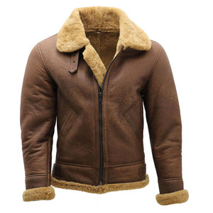 Blouson moto homme en cuir véritable marron avec fermeture éclair, doublure Sherpa gaufrée sans couture, coupe-vent, vêtement d'extérieur d'hiver, coupe classique - Product Image 1