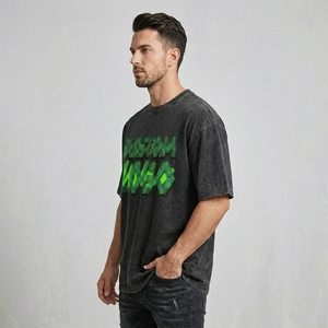 T-shirt en coton surdimensionné avec logo personnalisé brodé en 3D, effet délavé vintage, streetwear décontracté pour hommes - Product Image 5