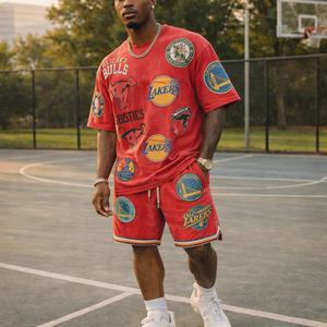 Ensemble coordonné de basketball oversize – Édition Street Performance pour homme en French Terry imprimé par transfert thermique, uni, délavé à l'acide, effet soleil éclairé - Product Image 1
