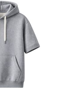 Customized Men Grey <b>Short</b> <b>Sleeve</b> Hoodie Pullover Cotton Fleece Casual Streetwear Kangaroo Pocket Lightweight Summer <b>Sweatshirt</b> - Product Image 3