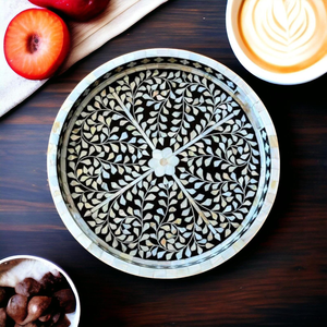 Plateau de service rond Art Déco fait main avec incrustation d'os et motif floral, vase de table de luxe pour la décoration intérieure - Product Image 1