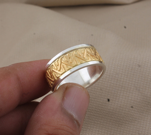 Luxury 925 Sterling <b>Silver</b> and Brass Mixed Metal Band <b>Ring</b> Handmade Two-Tone Textured <b>Statement</b> Band High-Quality Band <b>Ring</b> - Product Image 3
