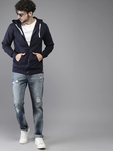 Sudadera con Capucha Azul Marino para Hombre, Corte Regular, Informal, de Algodón Tejido, con Cierre y Bolsillo, para Otoño - Product Image 4