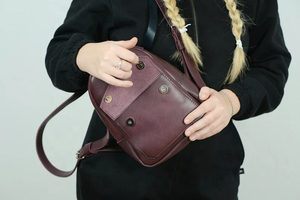 Minimalist Genuine Leather Women's <b>Mini</b> <b>Backpack</b> Burgundy Square Shape Shoulder Strap Zipper Closure Daily Use Softback - Product Image 5