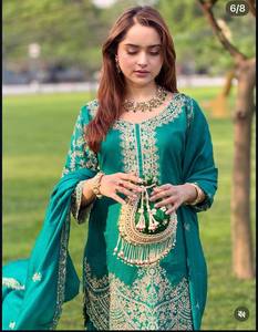 Traje Salwar de Algodón Bordado Verde Esmeralda con Dupatta, Corte Holgado, Ropa Tradicional India y Pakistaní para Mujer, Largo hasta el Tobillo - Product Image 5