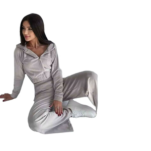 Conjunto deportivo para mujer, a la moda, corte ajustado, ropa de entrenamiento, algodón, terciopelo, conjunto deportivo para damas, sudaderas cortas de color sólido. - Product Image 1