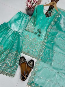 Nouveau style indien Shalwar Kameez, spécial soirée Dubaï, broderie lourde, en soie Georgette, haut non cousu réversible, Sharara et Dupatta - Product Image 5