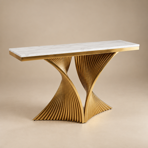 Console élégante en marbre blanc de style mid-century avec cadre en métal doré torsadé, meuble de luxe pour entrée et salon - Product Image 4