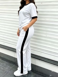 Women's Solid Wide Leg Tracksuit <b>Two</b>-<b>Piece</b> Loungewear <b>Set</b> | Crewneck Tee Drawstring <b>Lounge</b> Pants Lightweight Eco-Friendly - Product Image 5