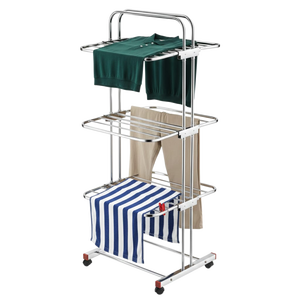 Séchoir à linge pliable sur pied en acier inoxydable à trois niveaux, finition chromée brillante, avec roulettes, 35 pieds, pour salle de bain - Product Image 2