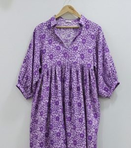 Vestido Túnica Indio Hecho a Mano 100% Algodón para Mujer |   Ropa Formal de Oficina Ecológica y Transpirable, Corte en A, Cintura Natural, Estampado Floral - Product Image 5