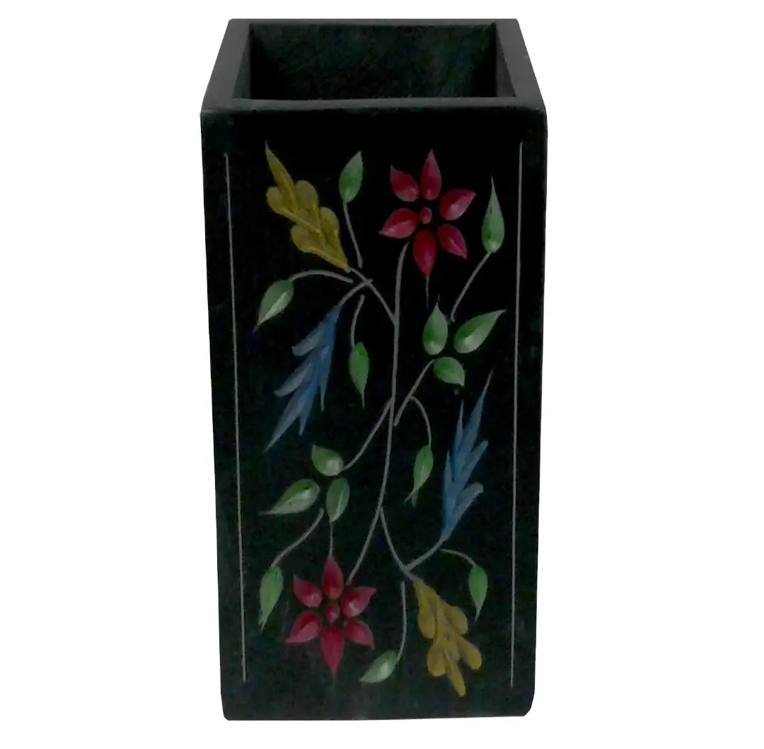 Hot Sale Natural black Stone Marble Desktop Pen Holder with color full flower design made in India at cheapest price pen holder